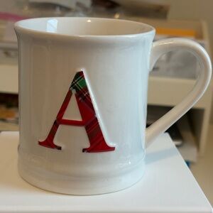 White Mudpie Mug with Red Plaid Letter A